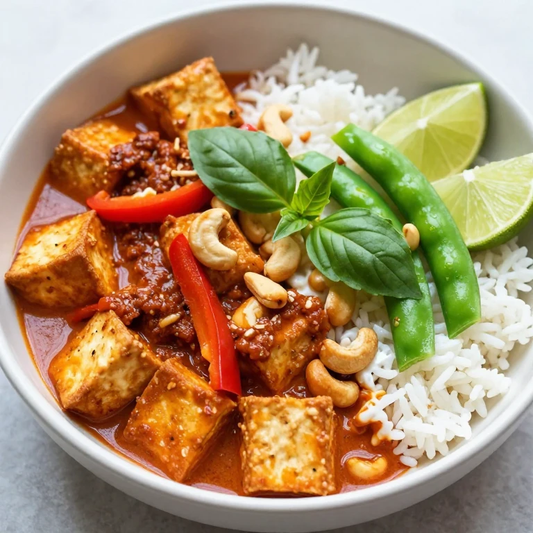 Thai red curry tofu bowl with cashews and fresh basil