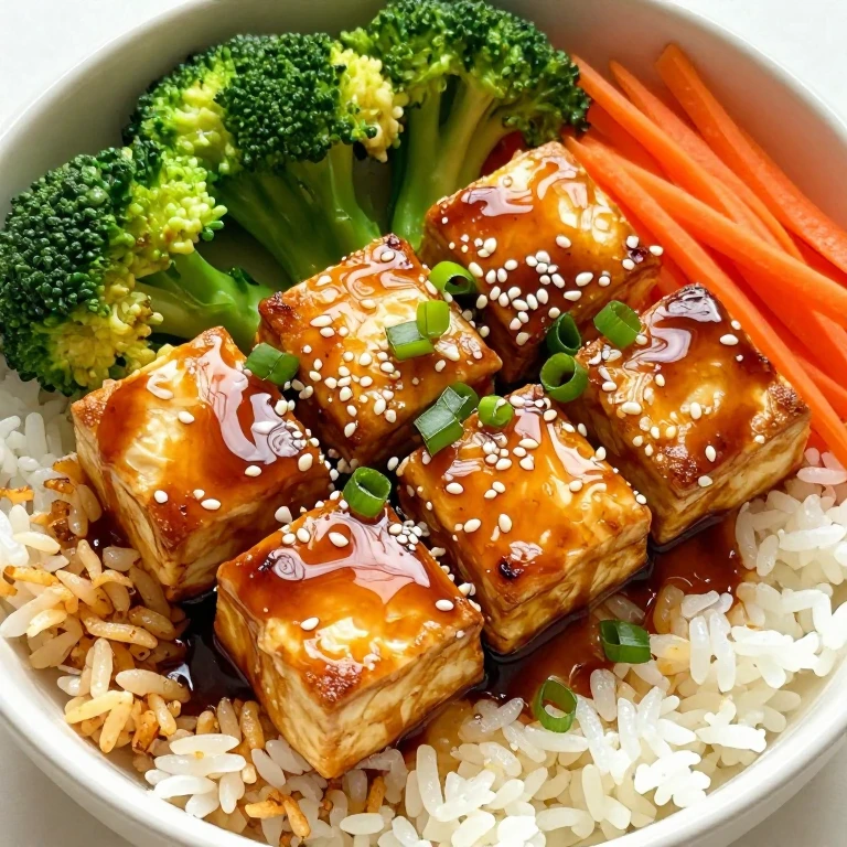 Miso-glazed tofu bowl with crispy rice, carrots, broccoli, and sesame seeds