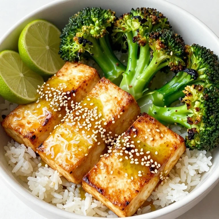 Sesame-lime tofu with charred broccoli, jasmine rice, and lime wedges