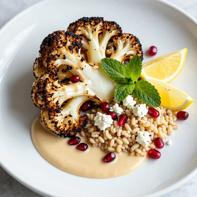 Charred cauliflower steak with tahini sauce, pomegranate arils, goat cheese, and mint