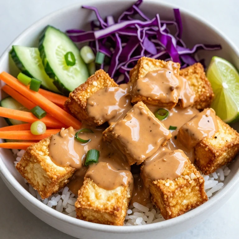 Crispy tofu bowl with peanut sauce, pickled vegetables, purple cabbage, and lime