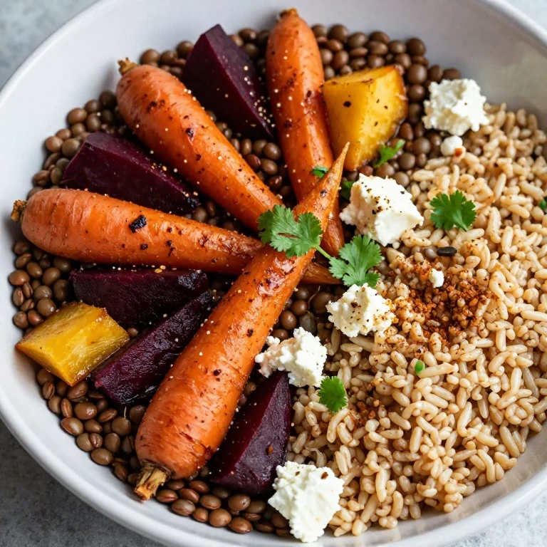 Spiced lentil and roasted root vegetable bowl with feta and cilantro