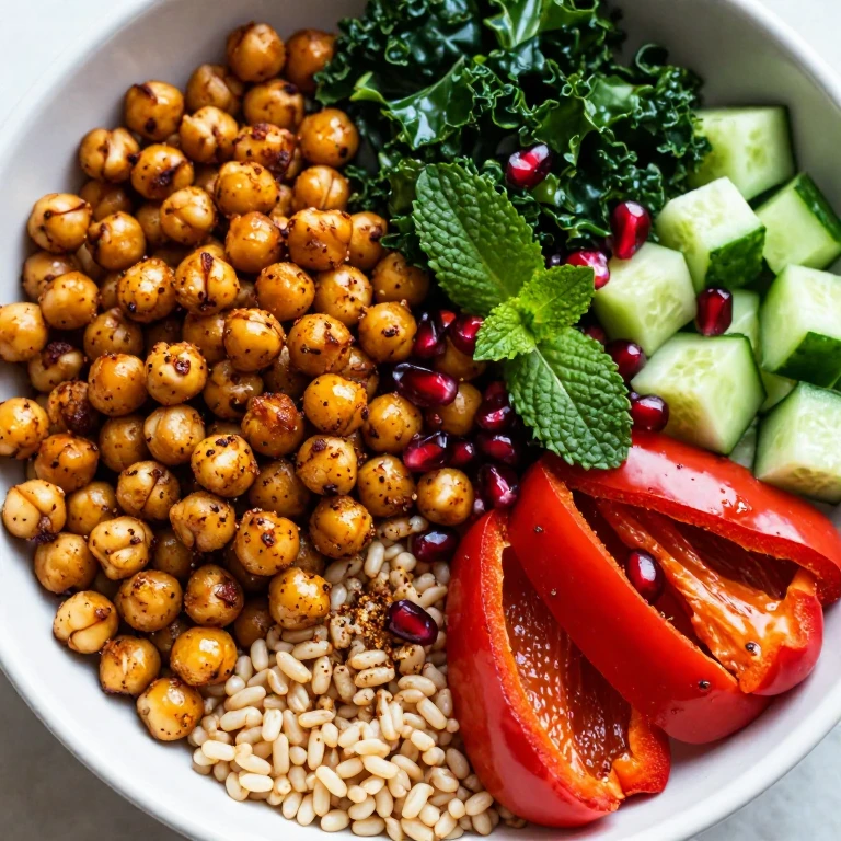 Roasted chickpea and kale bowl with harissa, farro, red peppers, and pomegranate