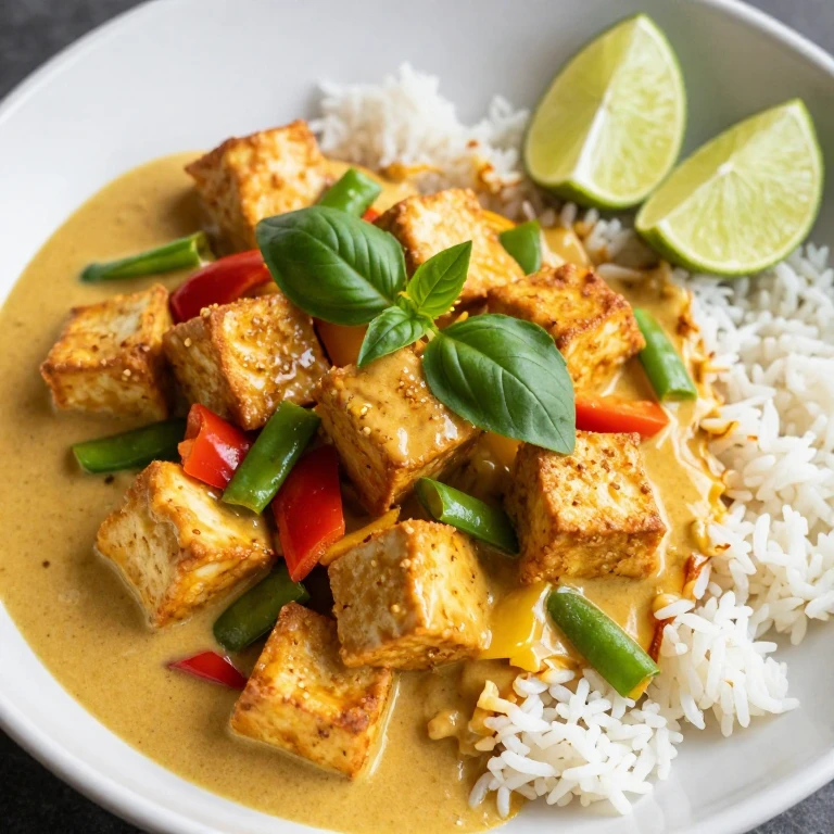 Crispy tofu with coconut curry sauce, jasmine rice, bell peppers, snap peas, and basil