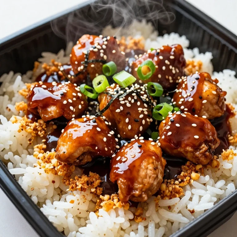 Teriyaki chicken with crispy garlic and sesame rice in lunch container