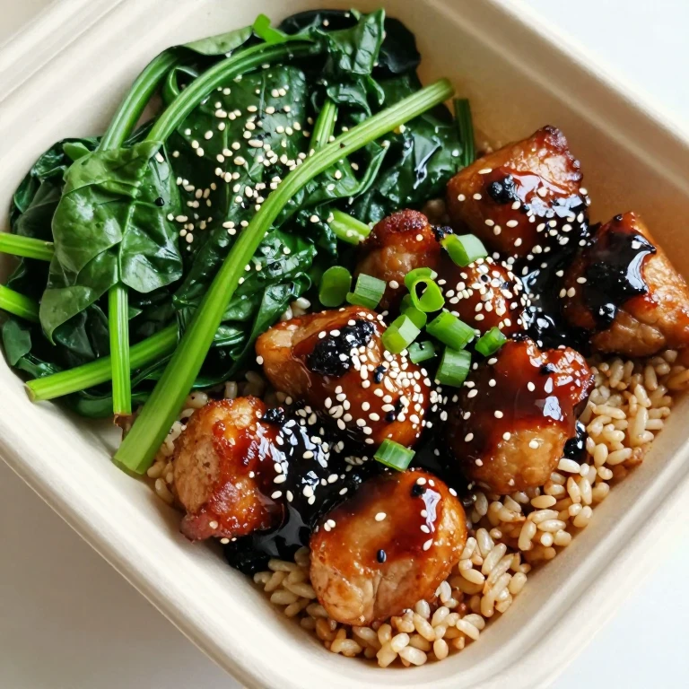 Black garlic soy glazed pork with sesame greens over brown rice