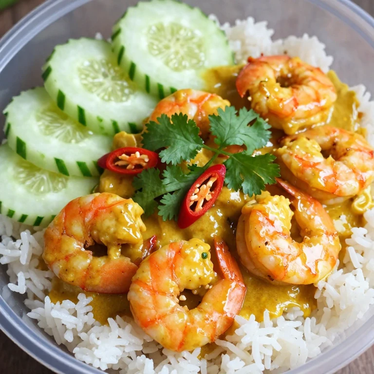 Coconut curry shrimp with jasmine rice and cucumber salad
