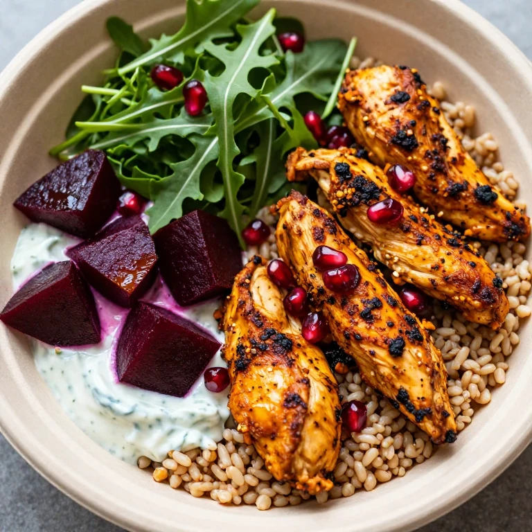 Harissa chicken with roasted beets and herb yogurt sauce
