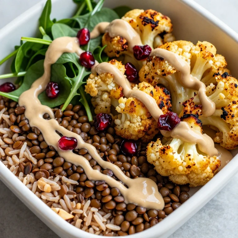 Spiced lentil bowl with roasted cauliflower and tahini sauce