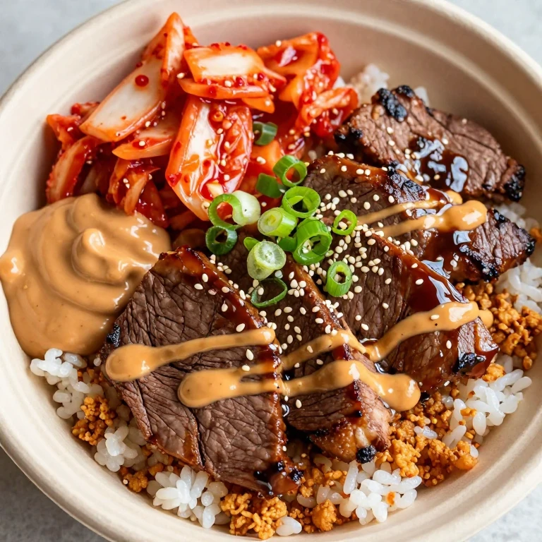 Kimchi beef with gochujang mayo and sesame seeds over rice