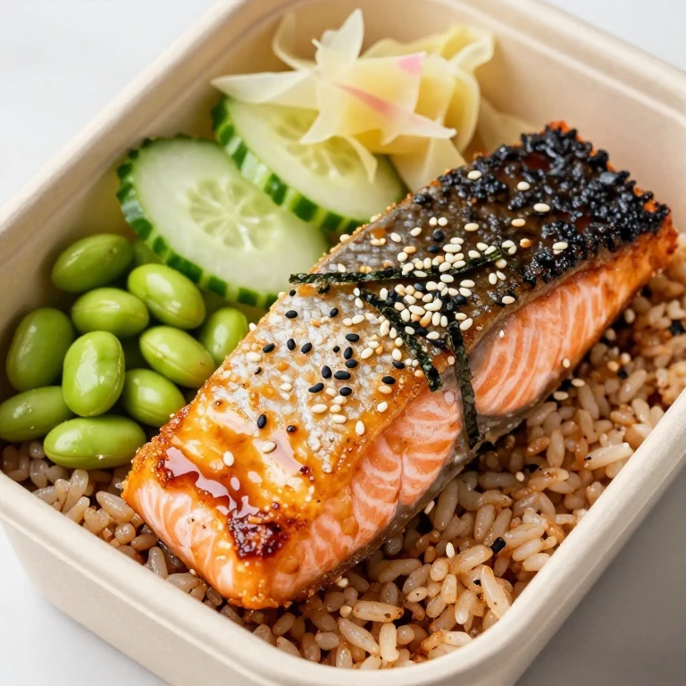 Miso-glazed salmon with crispy skin, pickled ginger, and edamame