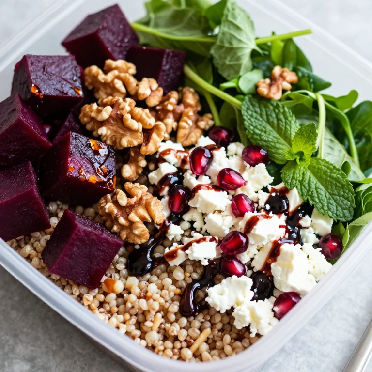 Beet and feta grain bowl with walnuts and pomegranate molasses