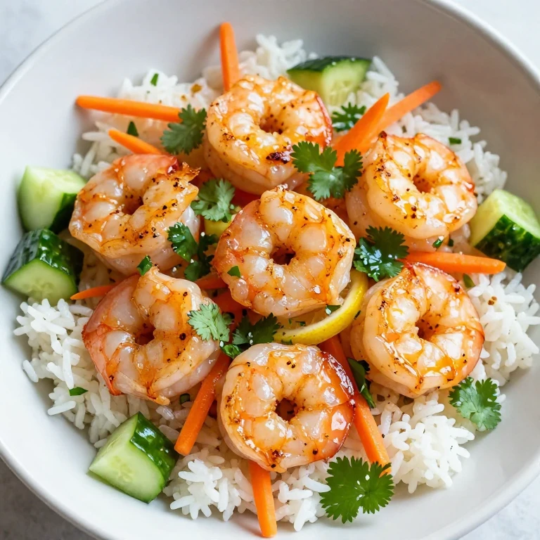 Citrus-garlic seared shrimp over jasmine rice with fresh vegetables and cilantro