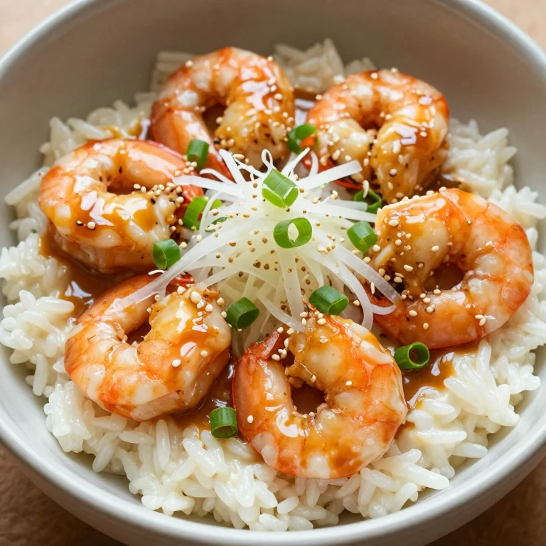 Miso butter shrimp with scallions, daikon, and sesame seeds over jasmine rice