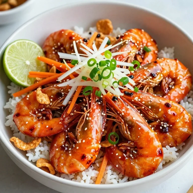 Chili oil shrimp with crispy garlic, carrots, daikon, and sesame over jasmine rice