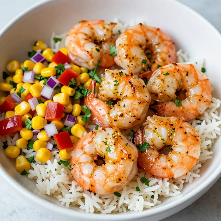 Cilantro-lime shrimp with corn salsa over jasmine rice in bright colors