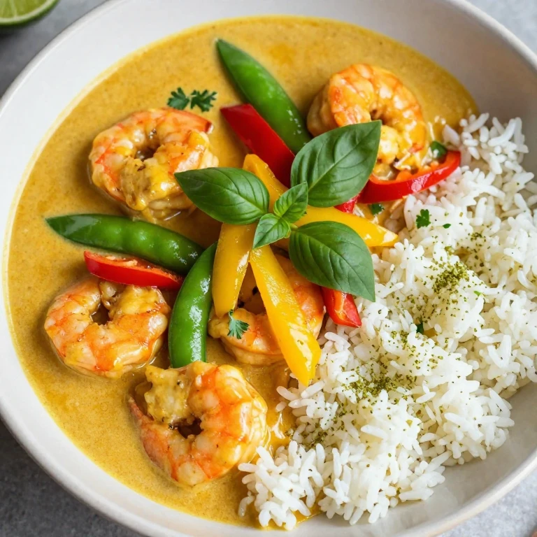 Coconut curry shrimp with lime rice, peppers, snap peas, and fresh herbs