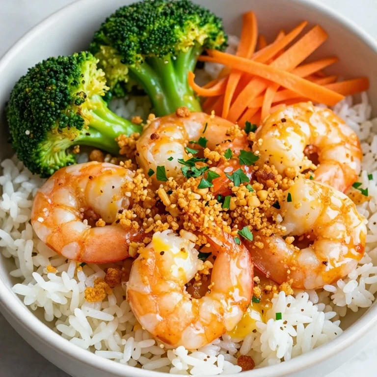 Garlic butter shrimp with crispy breadcrumbs, broccoli, and carrots over jasmine rice