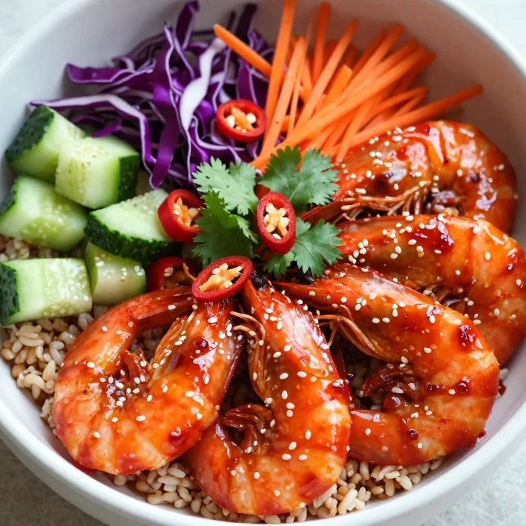 Spicy gochujang shrimp with sesame oil over brown rice and fresh vegetables