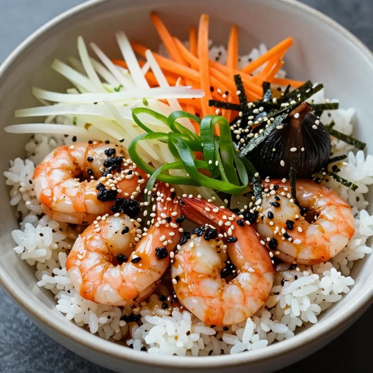 Black garlic and sesame shrimp with carrots, daikon, scallions, sesame, and nori