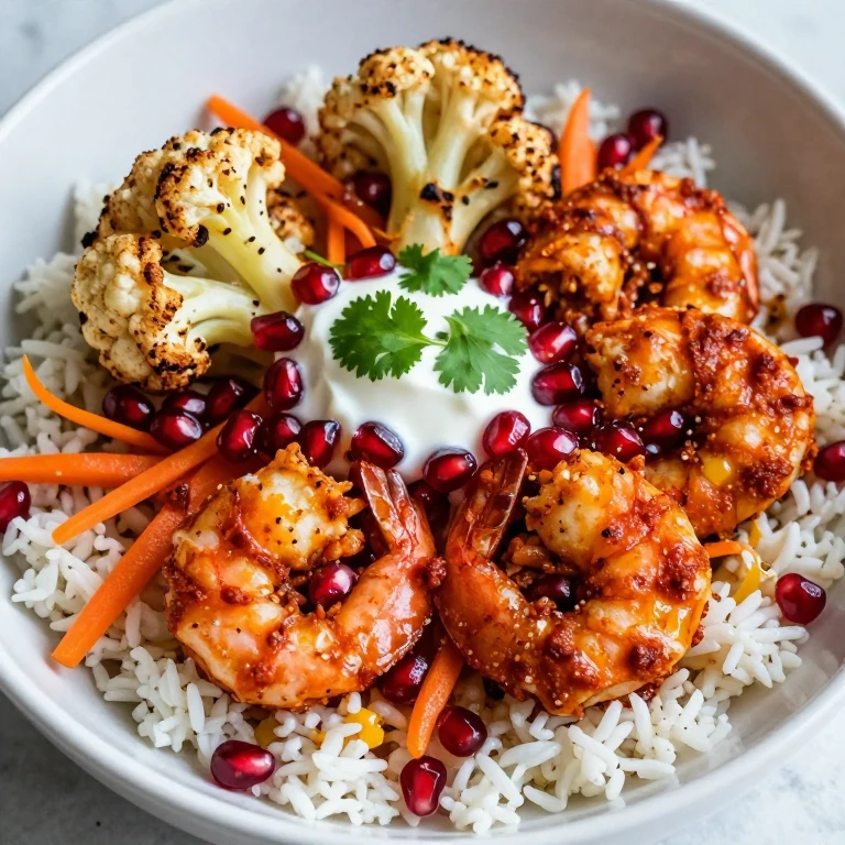 Harissa shrimp with roasted cauliflower, carrots, pomegranate seeds, and cilantro