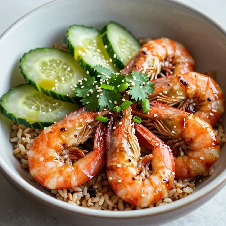 Soy-ginger shrimp with pickled cucumber, sesame seeds, and scallions over brown rice