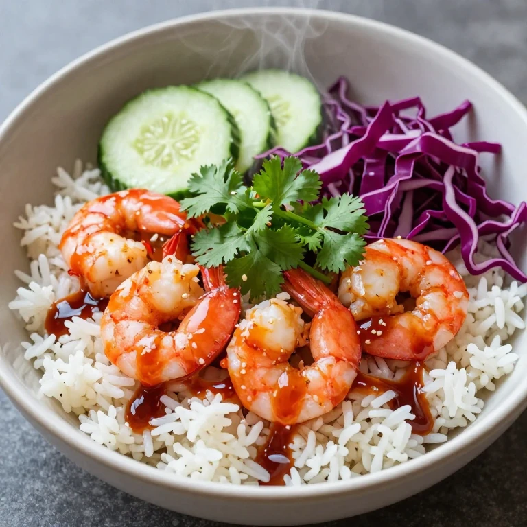 chili-lime shrimp rice bowl with jasmine rice, pink shrimp, red cabbage, cucumber, cilantro