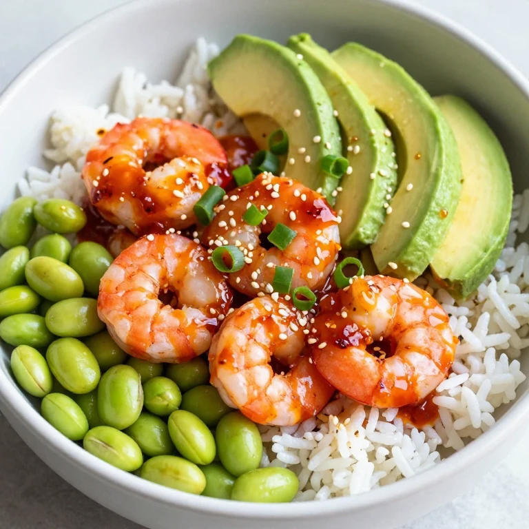 sriracha-ginger shrimp rice bowl with edamame, avocado, green onions, glossy sauce