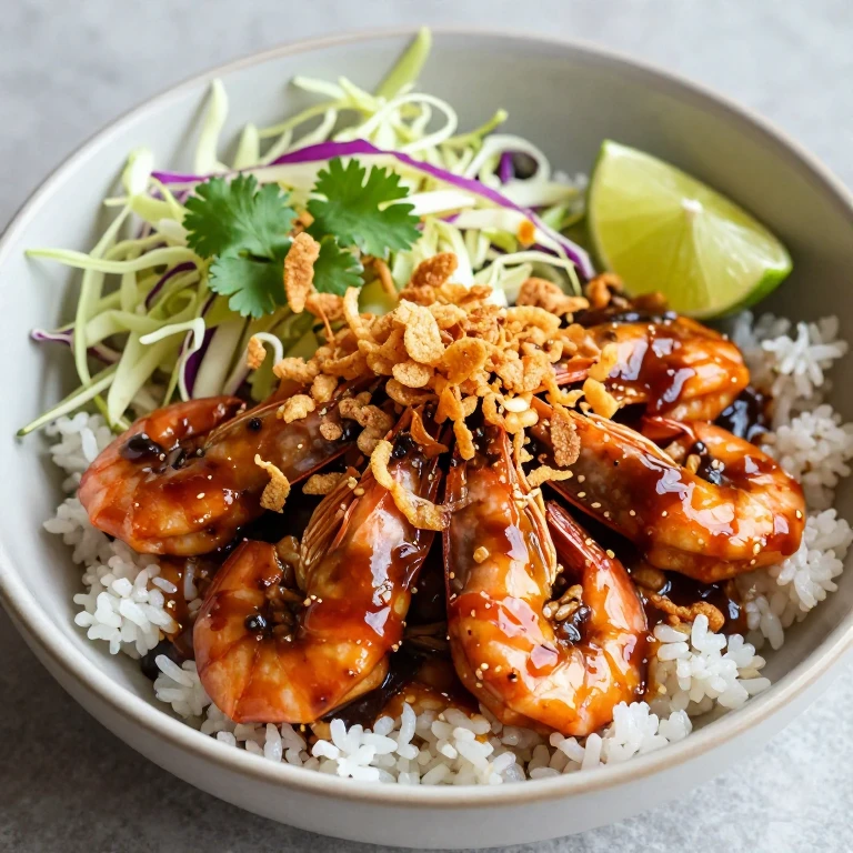 Tamarind shrimp with crispy shallots, cabbage, cilantro, and lime over jasmine rice