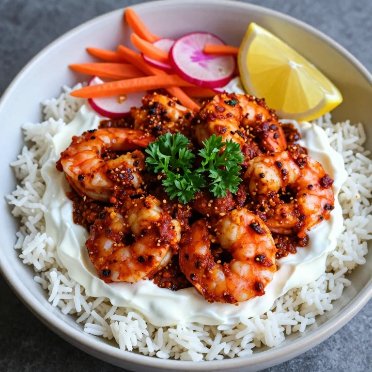 harissa shrimp rice bowl with yogurt, pickled vegetables, parsley, lemon wedges
