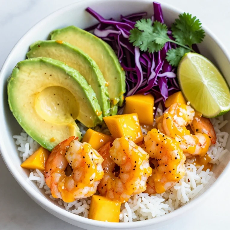 Mango habanero shrimp with avocado, red cabbage, cilantro, and lime over jasmine rice