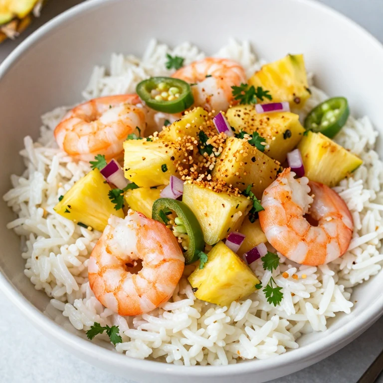 pineapple salsa shrimp rice bowl with coconut rice, golden pineapple salsa, coconut flakes