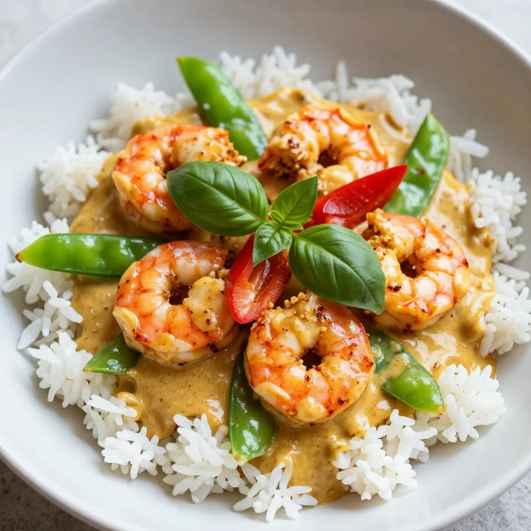 coconut curry shrimp rice bowl with red curry sauce, snap peas, bell pepper, basil