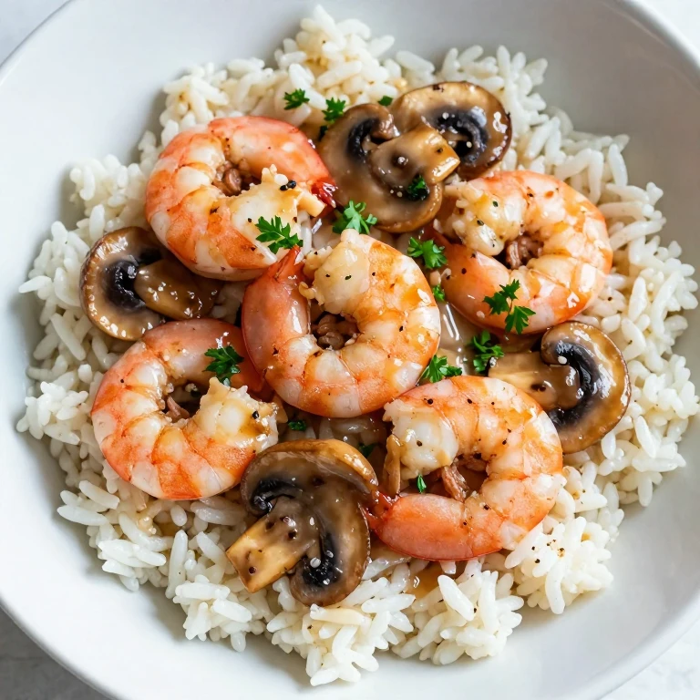 garlic butter mushroom shrimp rice bowl with golden mushrooms, shrimp, parsley, rich sauce