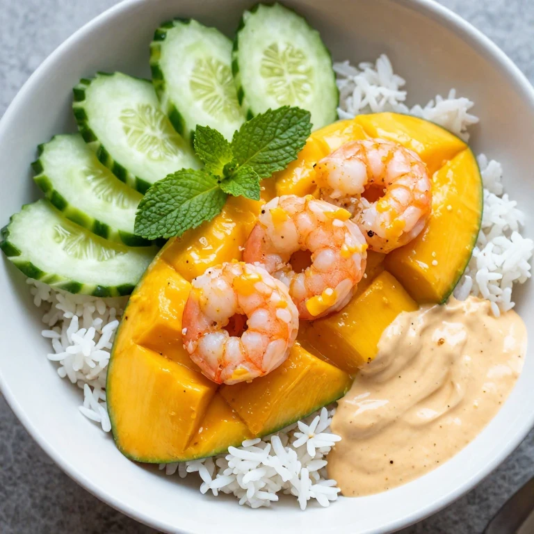mango-coconut shrimp rice bowl with golden mango sauce, cucumber, mint, tropical colors