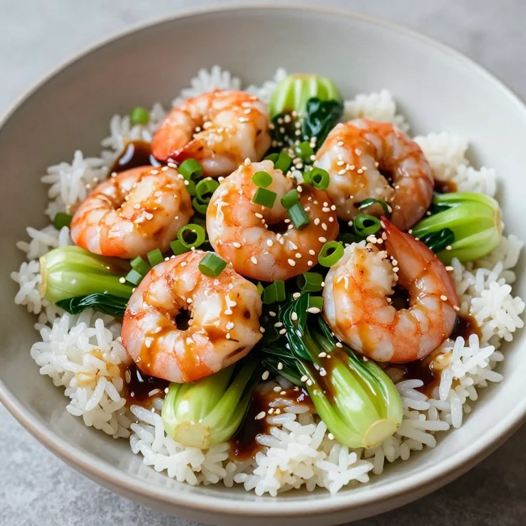 soy-ginger shrimp rice bowl with bok choy, glossy soy sauce, green onions, sesame oil
