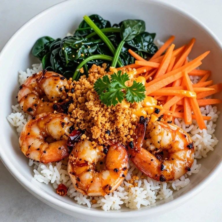 Chili-garlic butter broiled shrimp rice bowl with panko and spinach