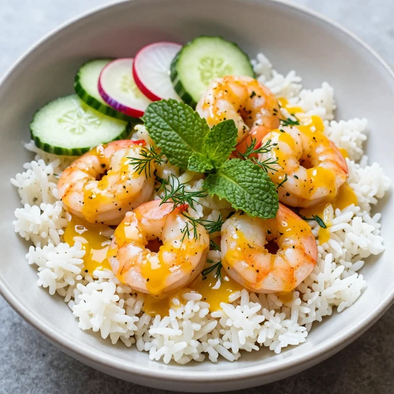 citrus-herb shrimp rice bowl with cucumber, radishes, dill, mint, bright citrus glaze