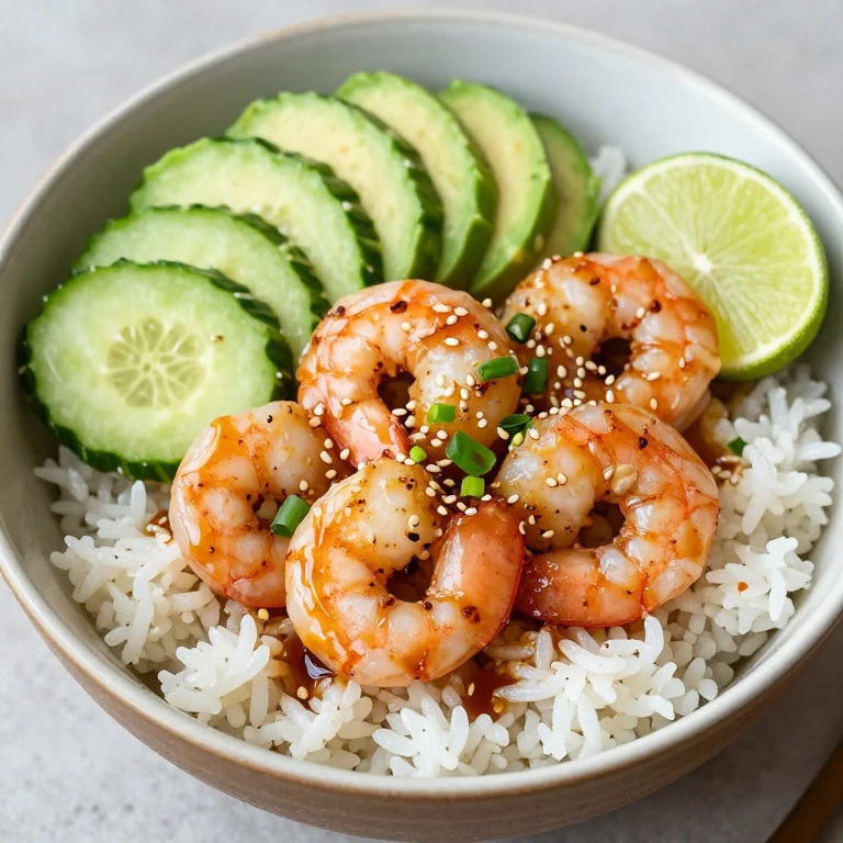 Miso-ginger seared shrimp rice bowl with avocado and cucumber