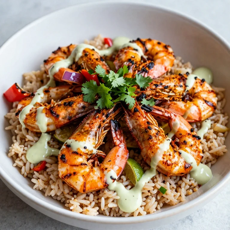 Paprika-lime grilled shrimp rice bowl with lime crema and cilantro