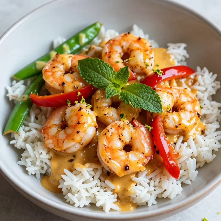 Coconut-lime seared shrimp rice bowl with bell pepper and basil