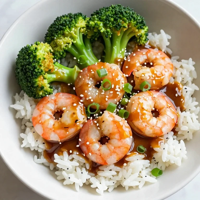 miso butter shrimp rice bowl with broccoli, glossy miso sauce, sesame seeds, green onions
