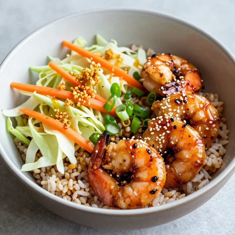 Soy-ginger roasted shrimp rice bowl with crispy garlic oil and sesame