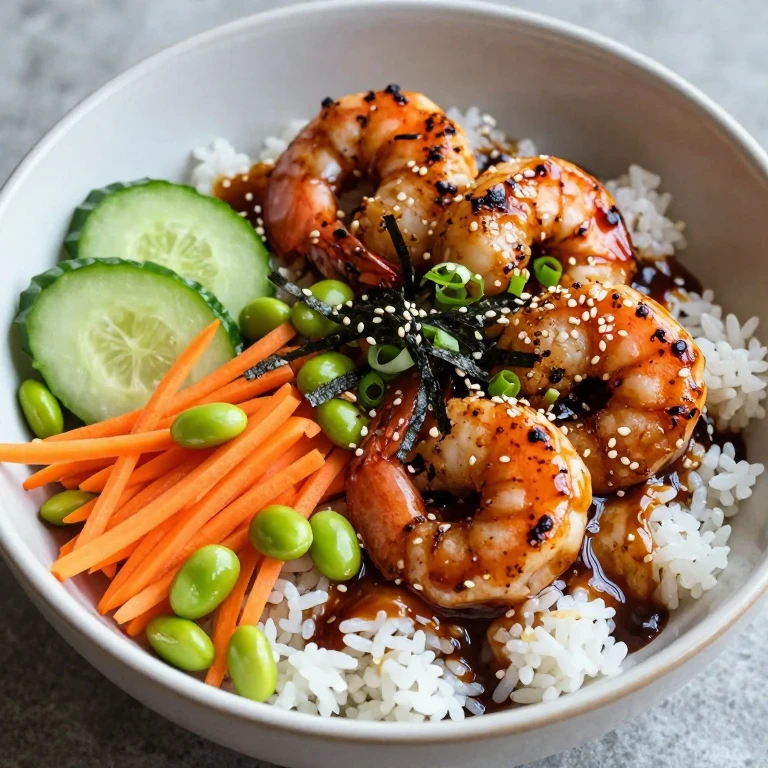 Teriyaki sesame grilled shrimp rice bowl with edamame and nori