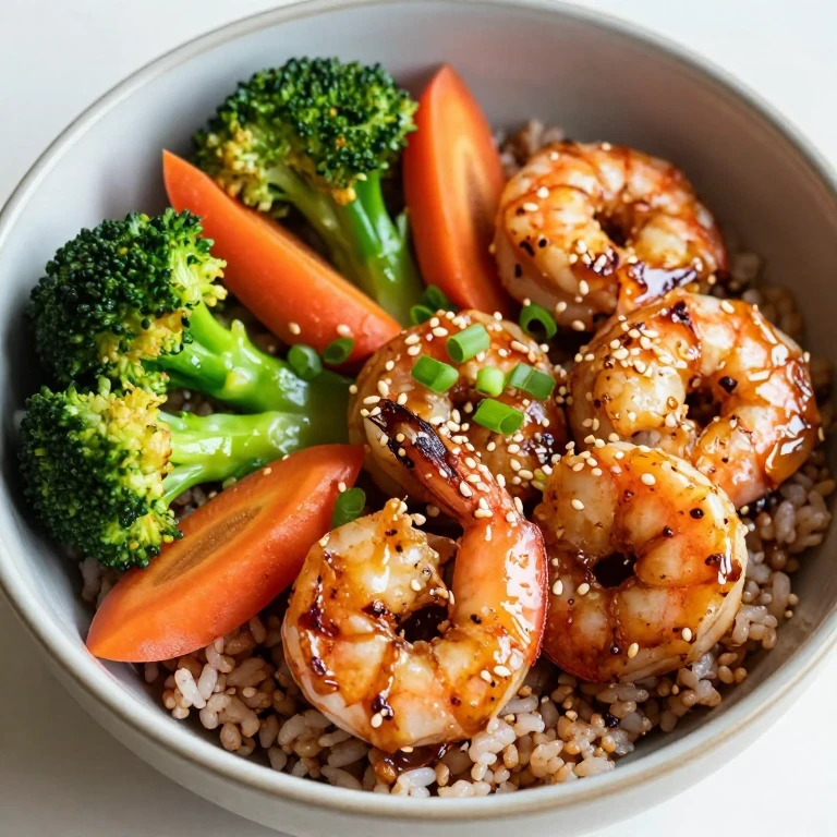 Miso-sesame roasted shrimp rice bowl with broccoli and carrots