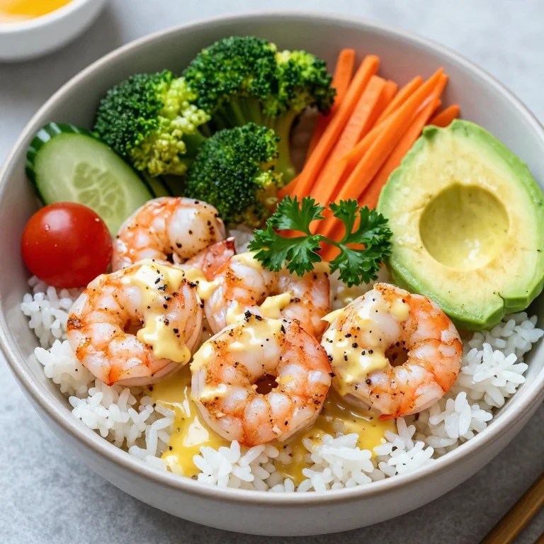Butter-garlic seared shrimp rice bowl with broccoli and avocado