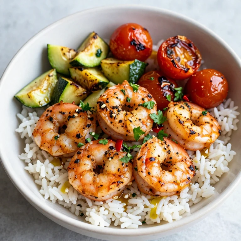 Garlic-herb seared shrimp rice bowl with roasted zucchini and tomatoes