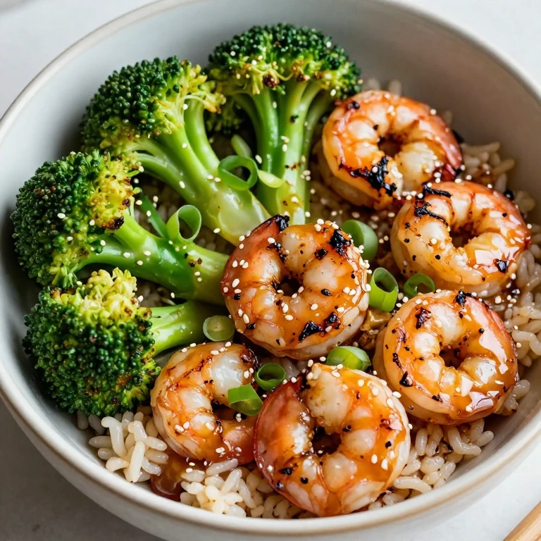 Honey-soy roasted shrimp rice bowl with roasted broccoli and sesame