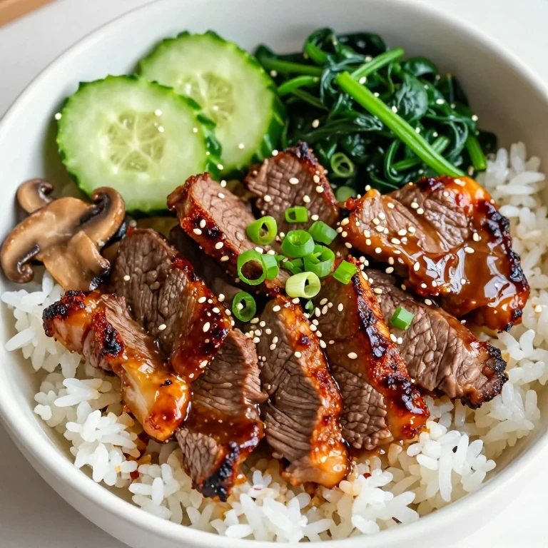 bulgogi beef bowl with caramelized edges, sesame seeds, scallions on rice