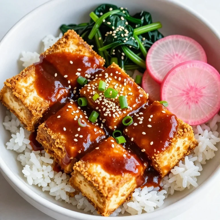 gochujang tofu bowl with crispy edges, pickled radish, sesame seeds on rice